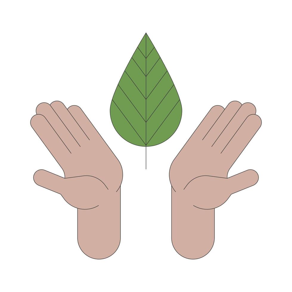 Hands holding leaf cartoon illustration. Sustainability support. Conscious eco friendly environment protection. Saving plant linear 2D image, white background. Editable colorful flat clipart vector
