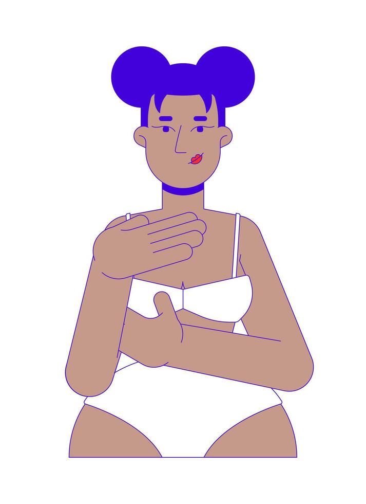 African american woman in brassier examining breast 2D cartoon character. Mastopathy early detection. Black female touching chest isolated person flat on white. Spot illustration colorful vector