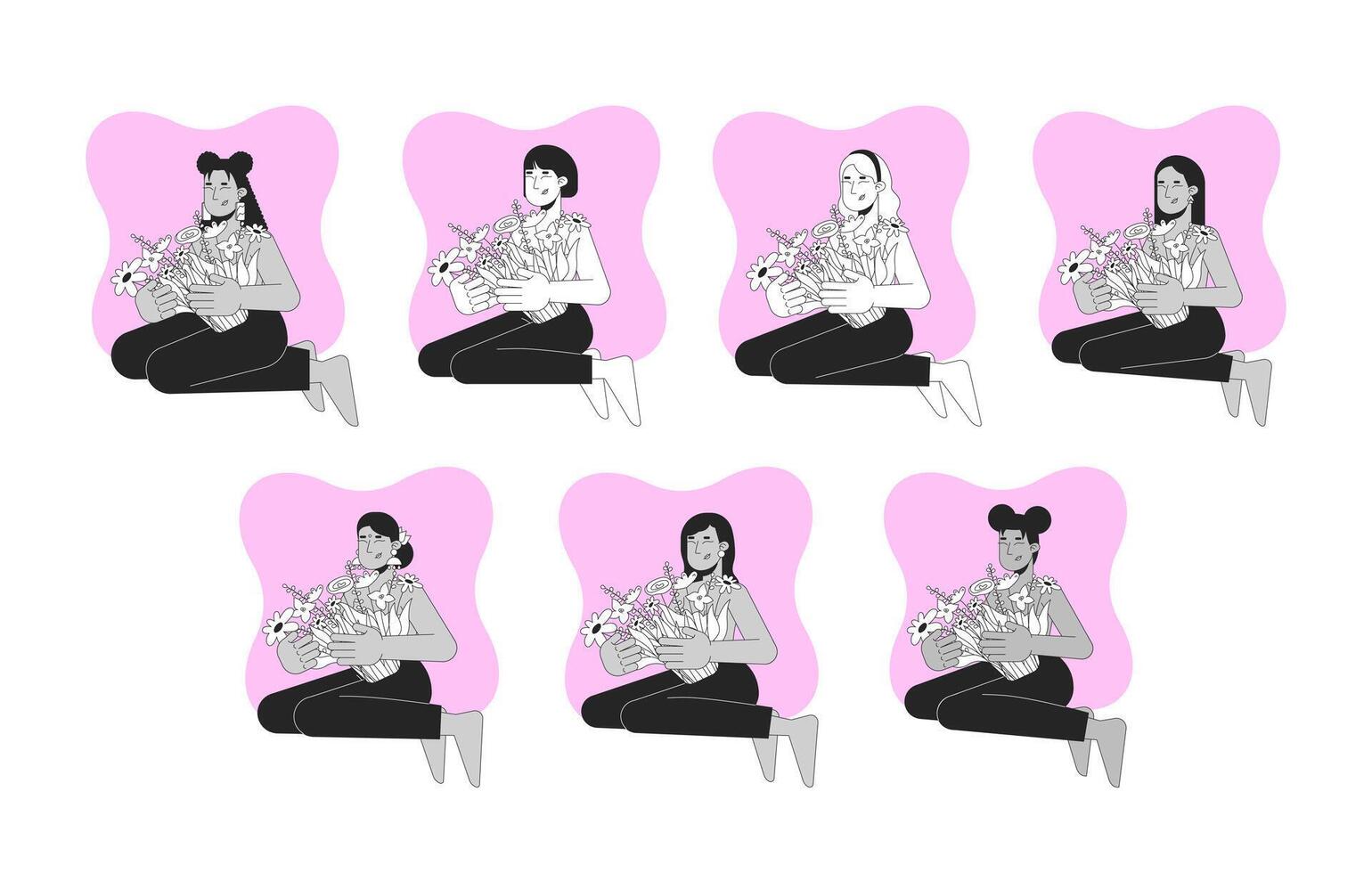 Mental health and breast cancer black and white 2D concepts set. Thriving after mastectomy. Diverse women bouquets outline illustration characters isolated. Metaphors monochrome collection vector