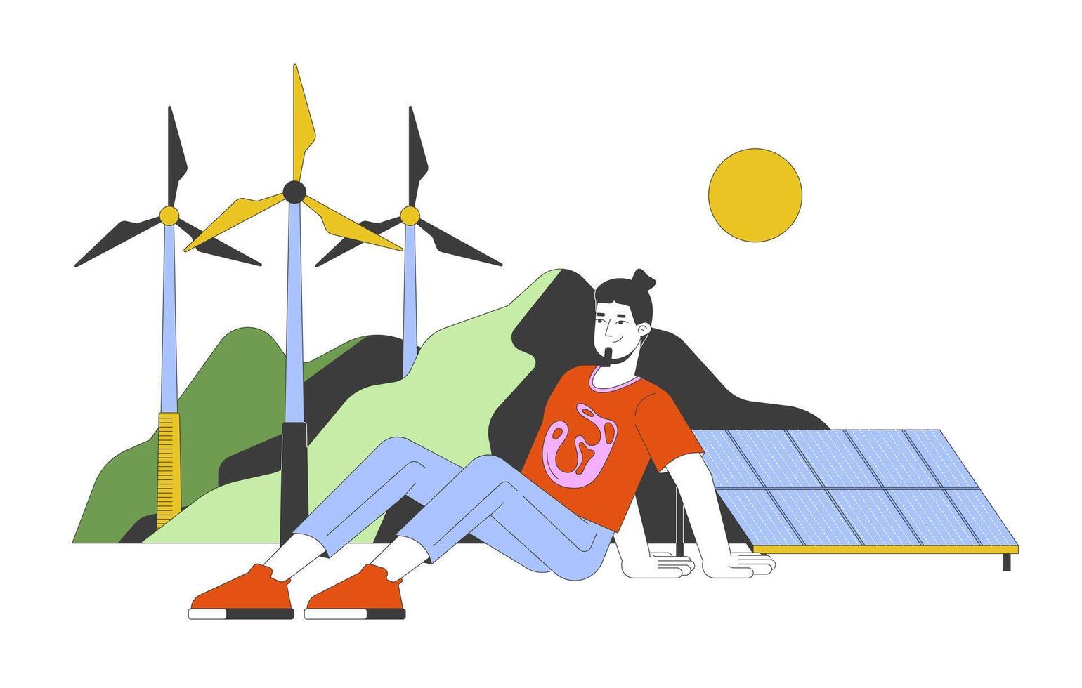 Sustainable generators renewable energy 2D illustration concept. Wind turbines, solar panel. Lifestyle eco conscious man cartoon character isolated on white. Metaphor abstract flat graphic vector