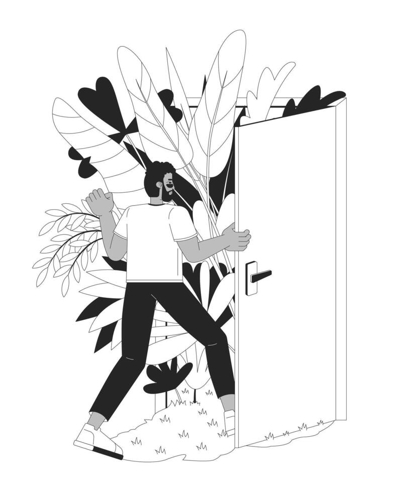 Green living black and white 2D illustration concept. Sustainability go green future. Eco conscious man walking through doorway garden lush outline character isolated. Metaphor monochrome art vector