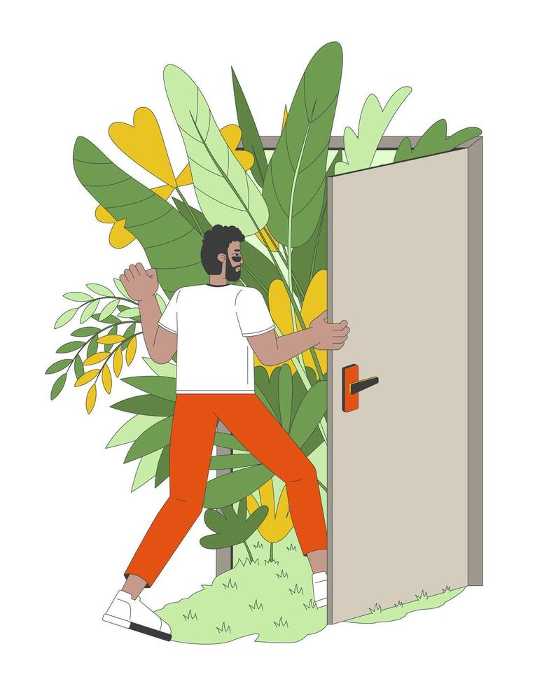 Green living 2D illustration concept. Sustainability go green future. Eco conscious man walking through doorway garden lush cartoon character isolated on white. Metaphor abstract flat graphic vector