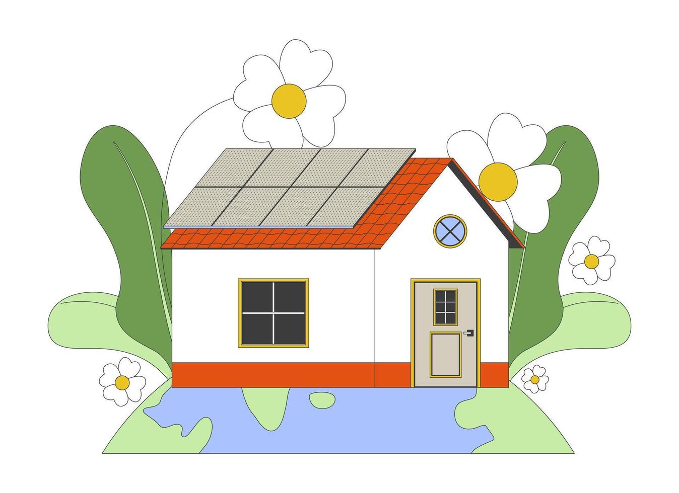 Residential renewable energy 2D illustration concept. Intentional life. Photovoltaic solar panels on rooftop building exterior cartoon scene isolated on white. Metaphor abstract flat graphic vector