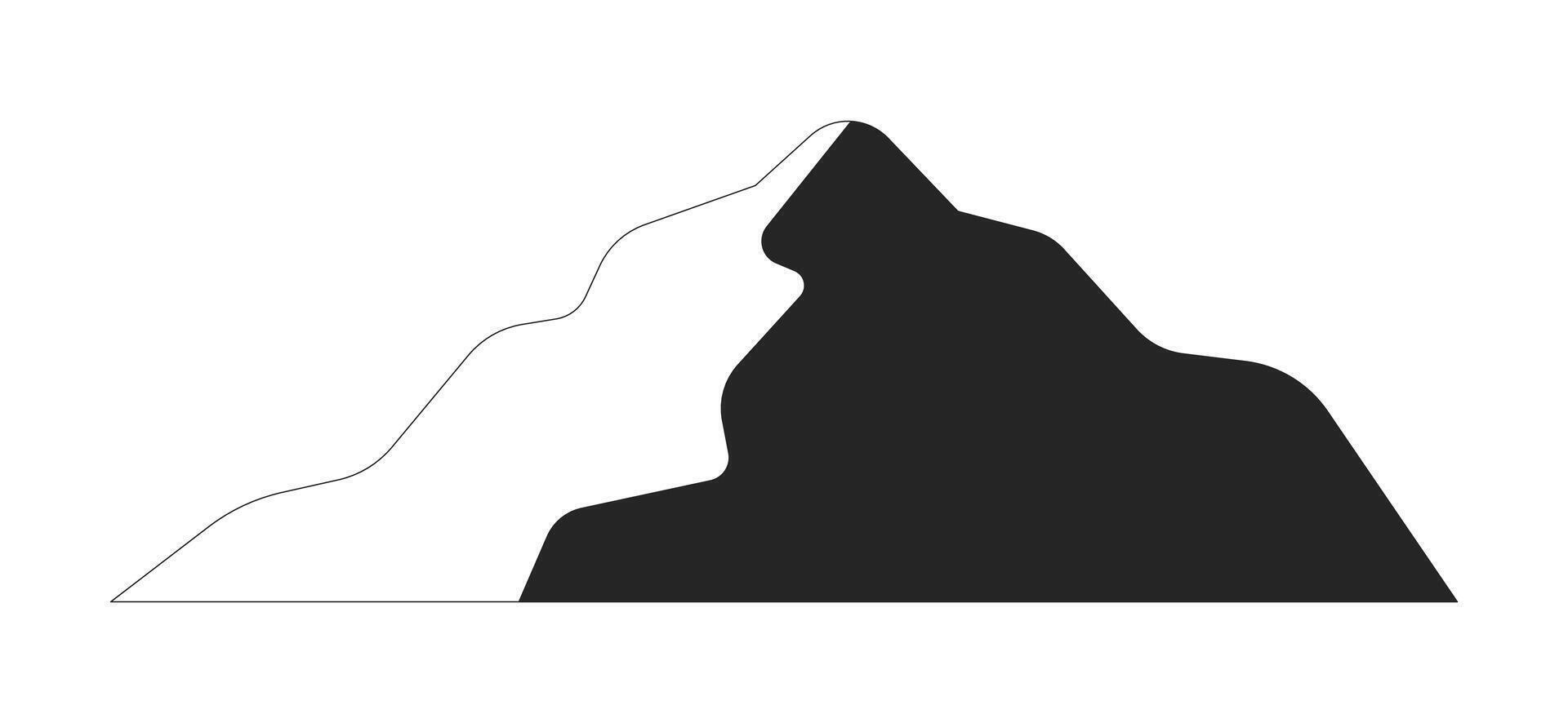Mountain hill peak black and white 2D line object. Summit mountainous greenery mountaintop. Serene environment. Hillside verdant isolated clip art outline item. Monochromatic spot illustration vector