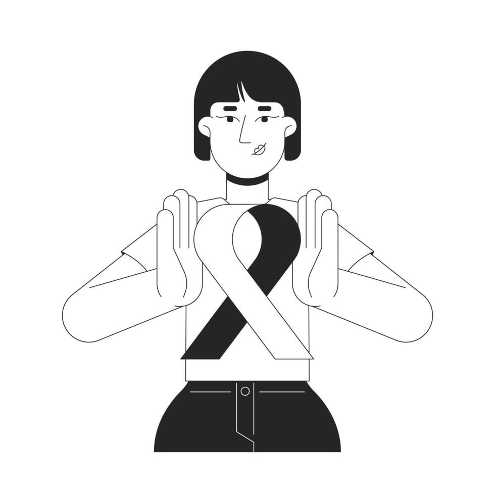 Korean woman holding pink ribbon awareness black and white 2D line character. Breast cancer survivor female asian young adult japanese isolated outline person. Monochromatic spot illustration vector