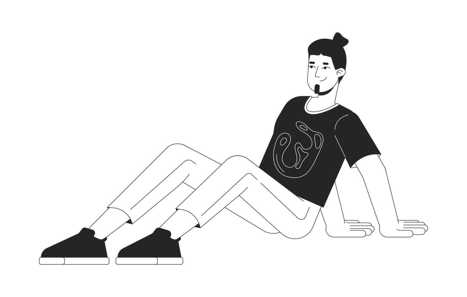 Sitting on floor man leaning back on hands black and white 2D line character. Bearded guy tshirt jeans. Caucasian male in relaxed pose isolated outline person. Monochromatic spot illustration vector