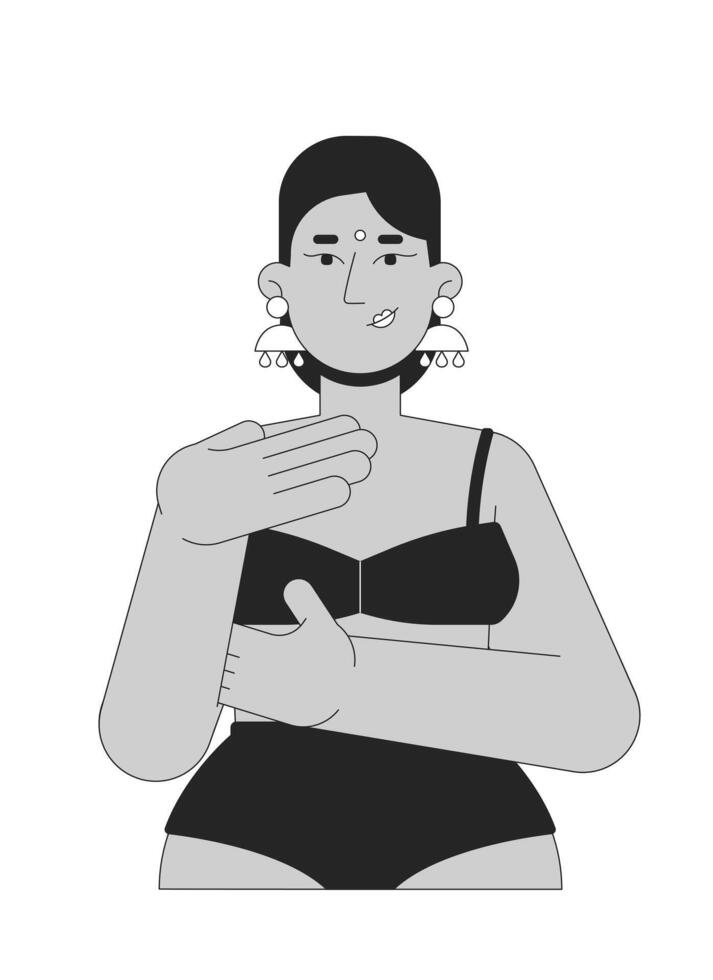 Hindu woman in brassier examining breast black and white 2D line character. Mastopathy early detection. Bindi indian female touching chest isolated outline person. Monochrome spot illustration vector
