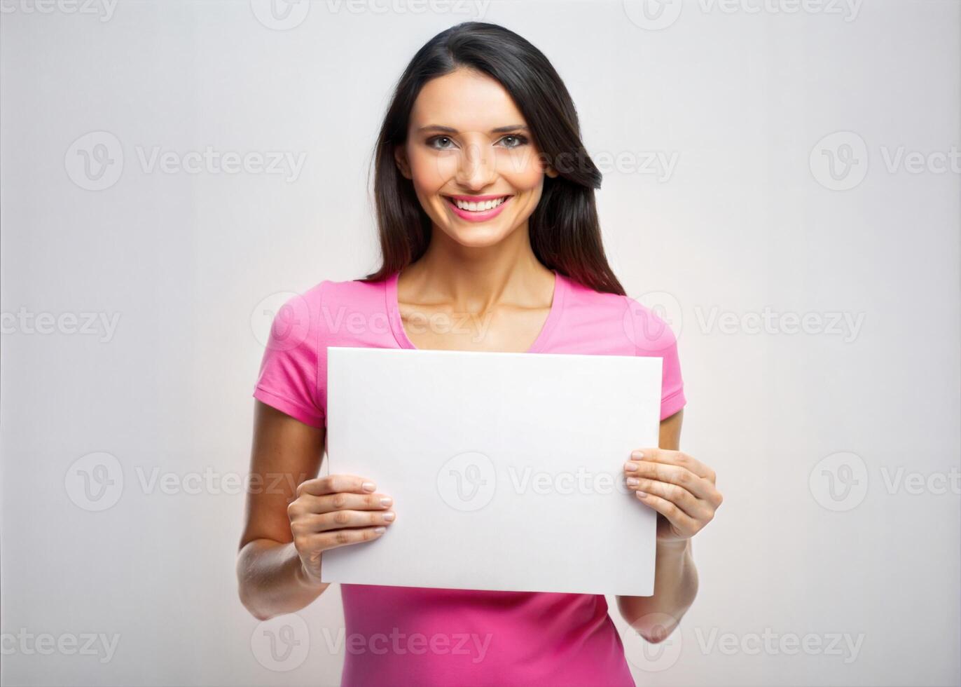 Beautiful woman holding a blank white board. photo