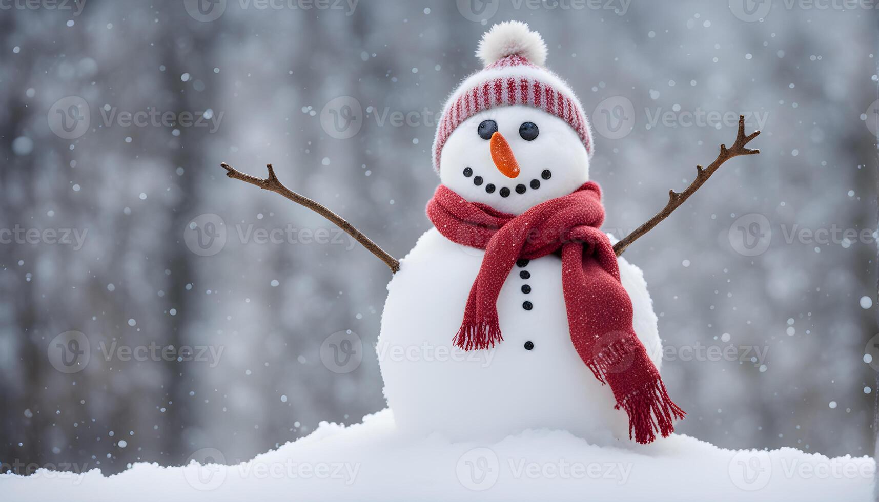 Happy snowman standing outside on a winters day. Concept of winter, snow and childhood. Shallow field. . photo