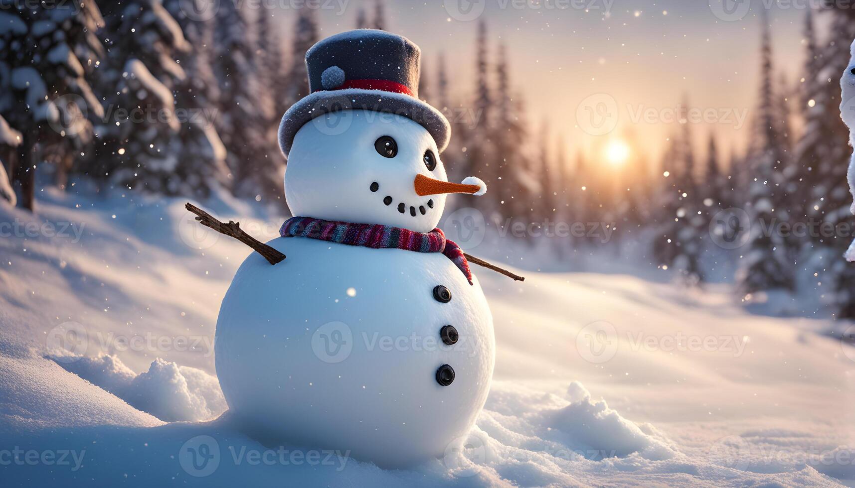 Happy snowman standing outside on a winters day. Concept of winter, snow and childhood. Shallow field. . photo