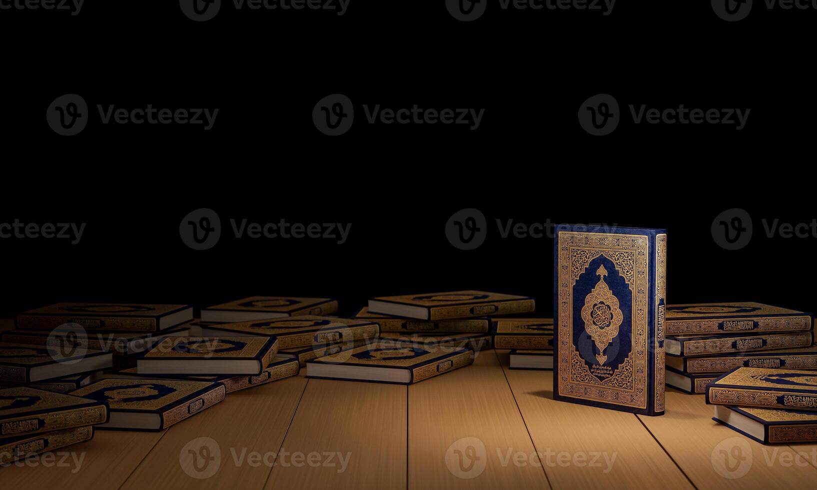 3d, Many Qurans on the wooden table, Islamic concept - The Holy Al Quran with written Arabic calligraphy meaning of Al Quran, photo