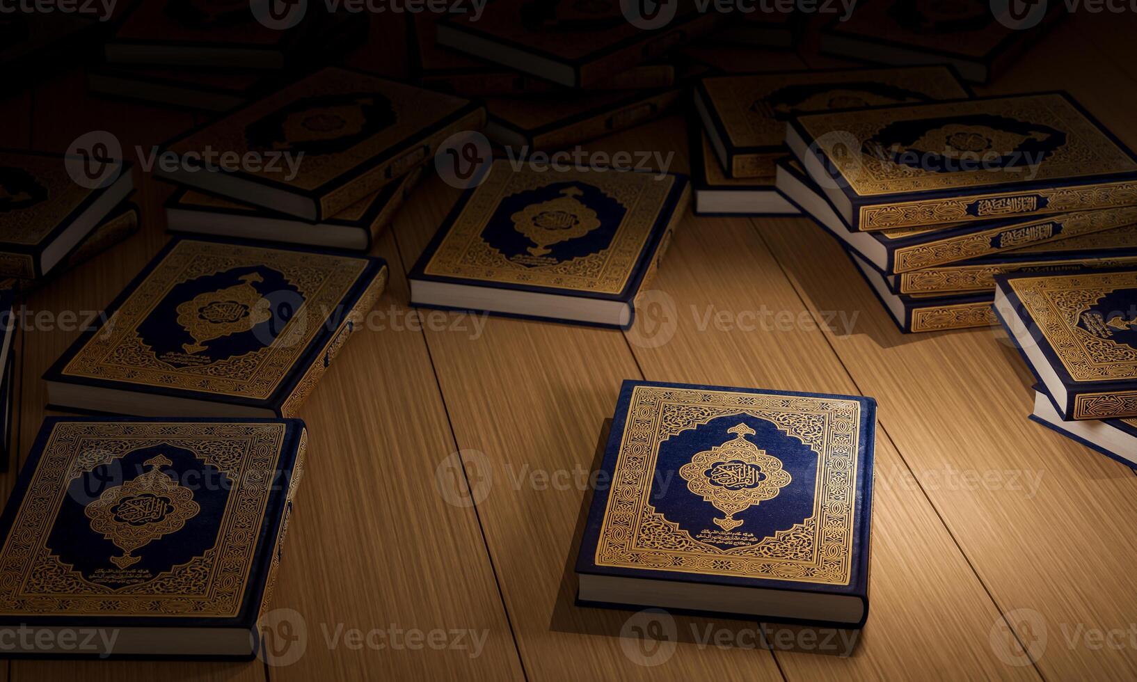 3d, Many Qurans on the wooden table, Islamic concept - The Holy Al Quran with written Arabic calligraphy meaning of Al Quran, photo