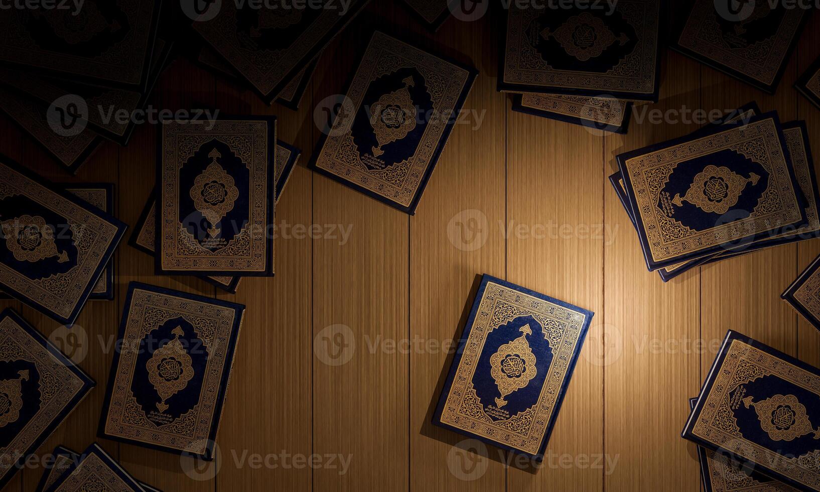 3d, Many Qurans on the wooden table, Islamic concept - The Holy Al Quran with written Arabic calligraphy meaning of Al Quran, photo