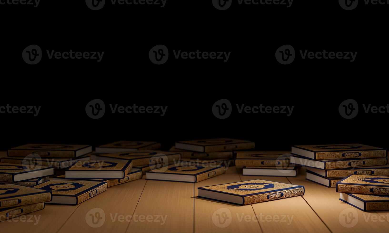 3d, Many Qurans on the wooden table, Islamic concept - The Holy Al Quran with written Arabic calligraphy meaning of Al Quran, photo