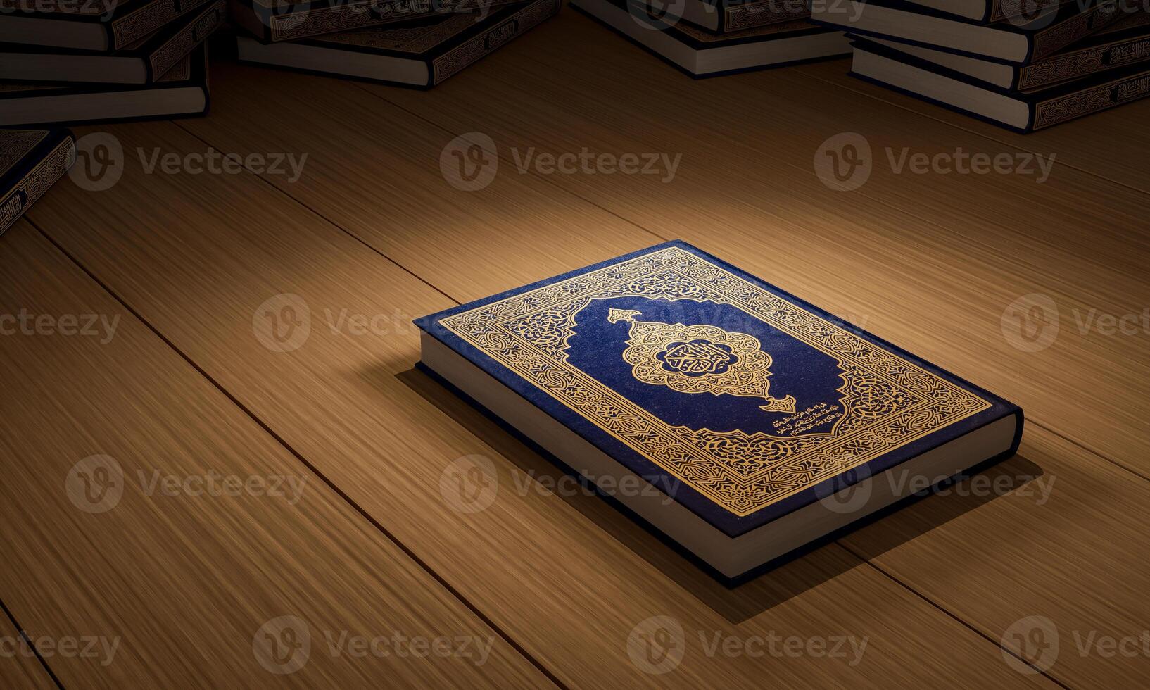 3d, Many Qurans on the wooden table, Islamic concept - The Holy Al Quran with written Arabic calligraphy meaning of Al Quran, photo