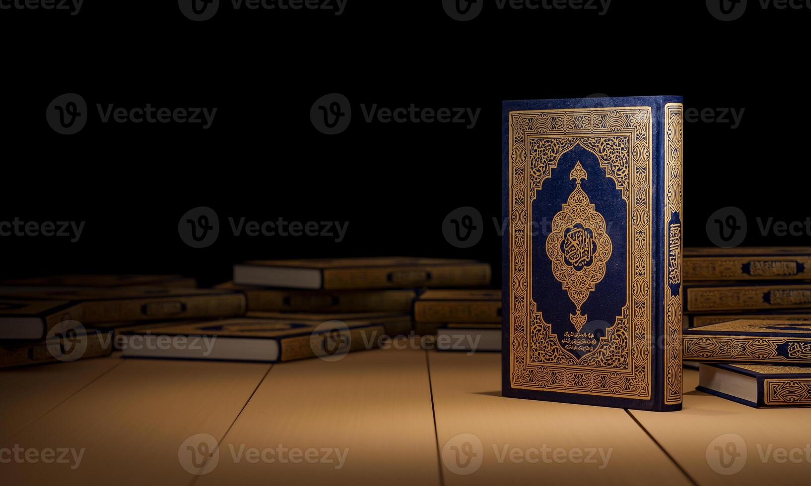 3d, Many Qurans on the wooden table, Islamic concept - The Holy Al Quran with written Arabic calligraphy meaning of Al Quran, photo