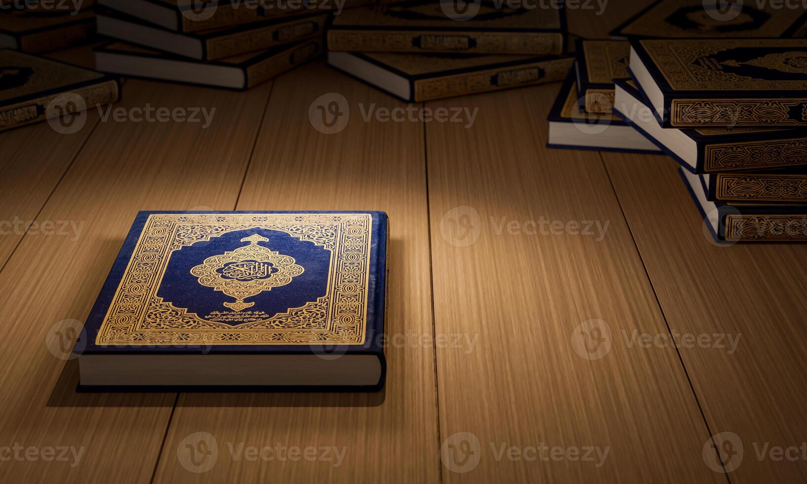 3d, Many Qurans on the wooden table, Islamic concept - The Holy Al Quran with written Arabic calligraphy meaning of Al Quran, photo