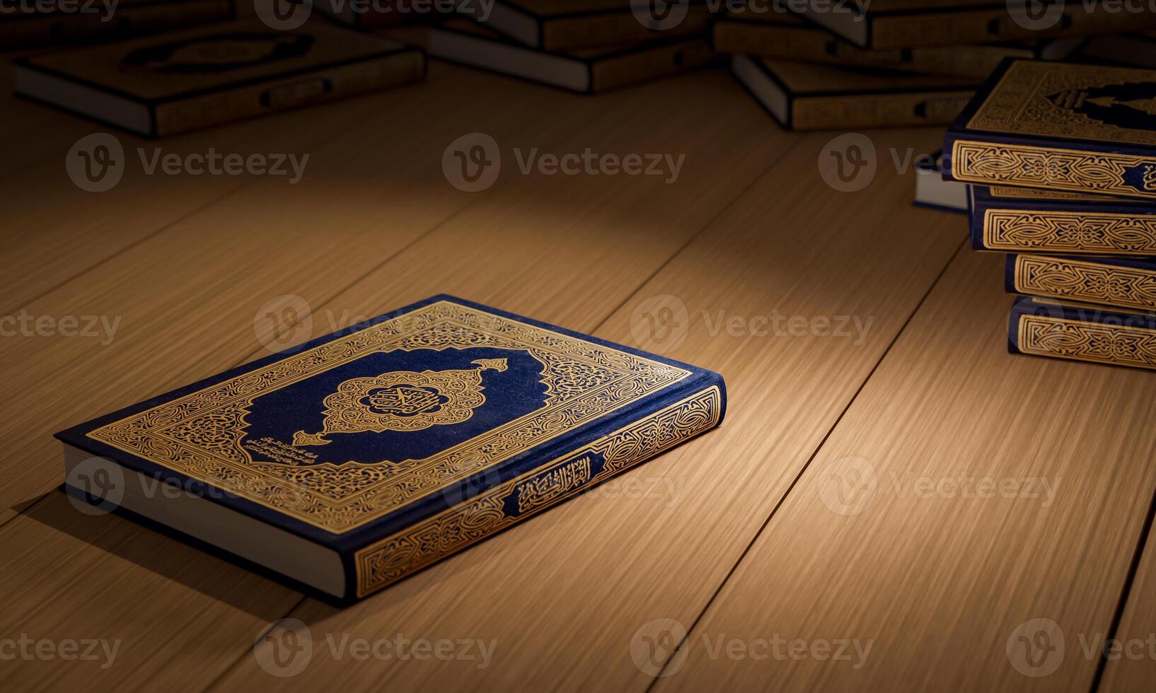 3d, Many Qurans on the wooden table, Islamic concept - The Holy Al Quran with written Arabic calligraphy meaning of Al Quran, photo