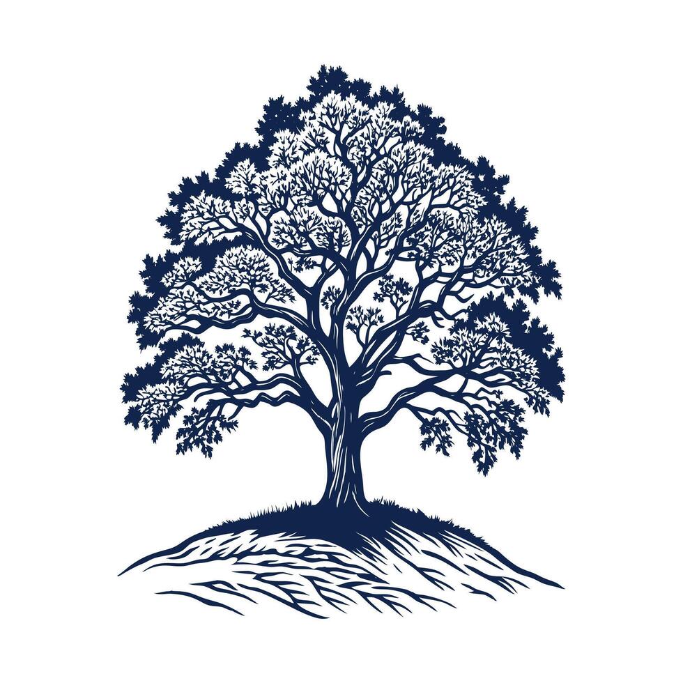 An oak tree on a hill with a blue background vector