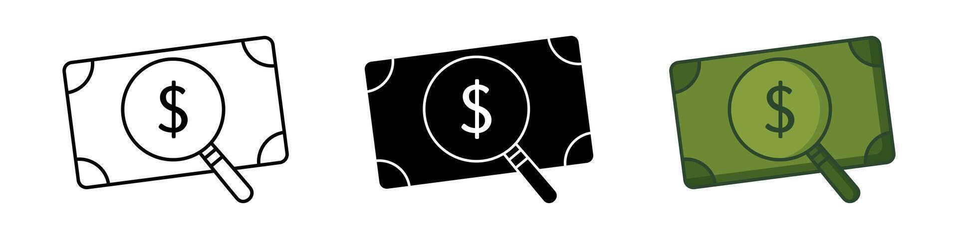 collection of money search icons, dollar symbol and magnifying glass. trendy and modern design vector