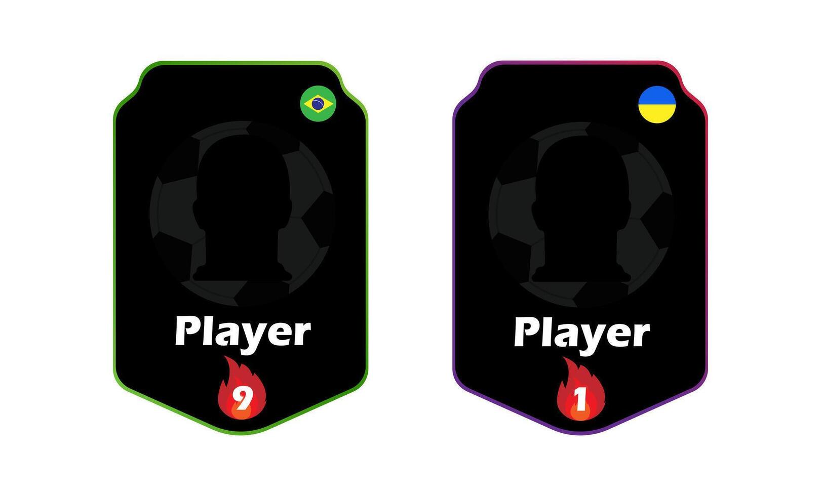 Blank soccer player cards with Brazil and Ukraine flags, rating numbers, and flame icons on black background vector