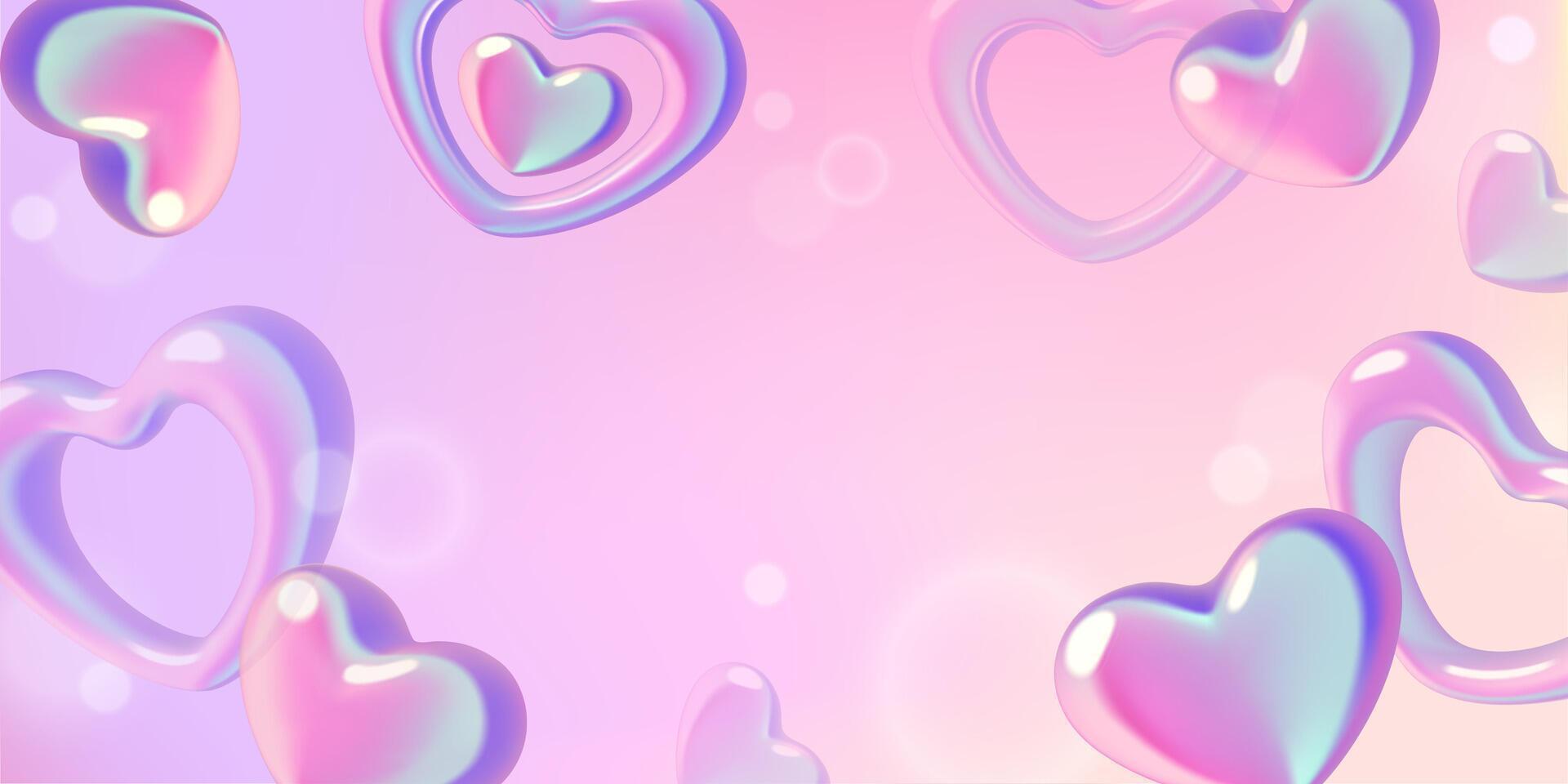 Y2k gradient hearts background with 3d holographic abstract love shapes and bokeh effect vector