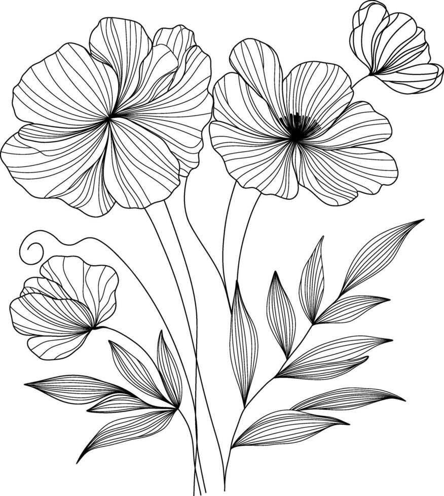 Elegant line art illustration of delicate poppy flowers and leaves. Minimalist, botanical style. Perfect for wall art, prints, textile design, and various nature inspired projects. vector
