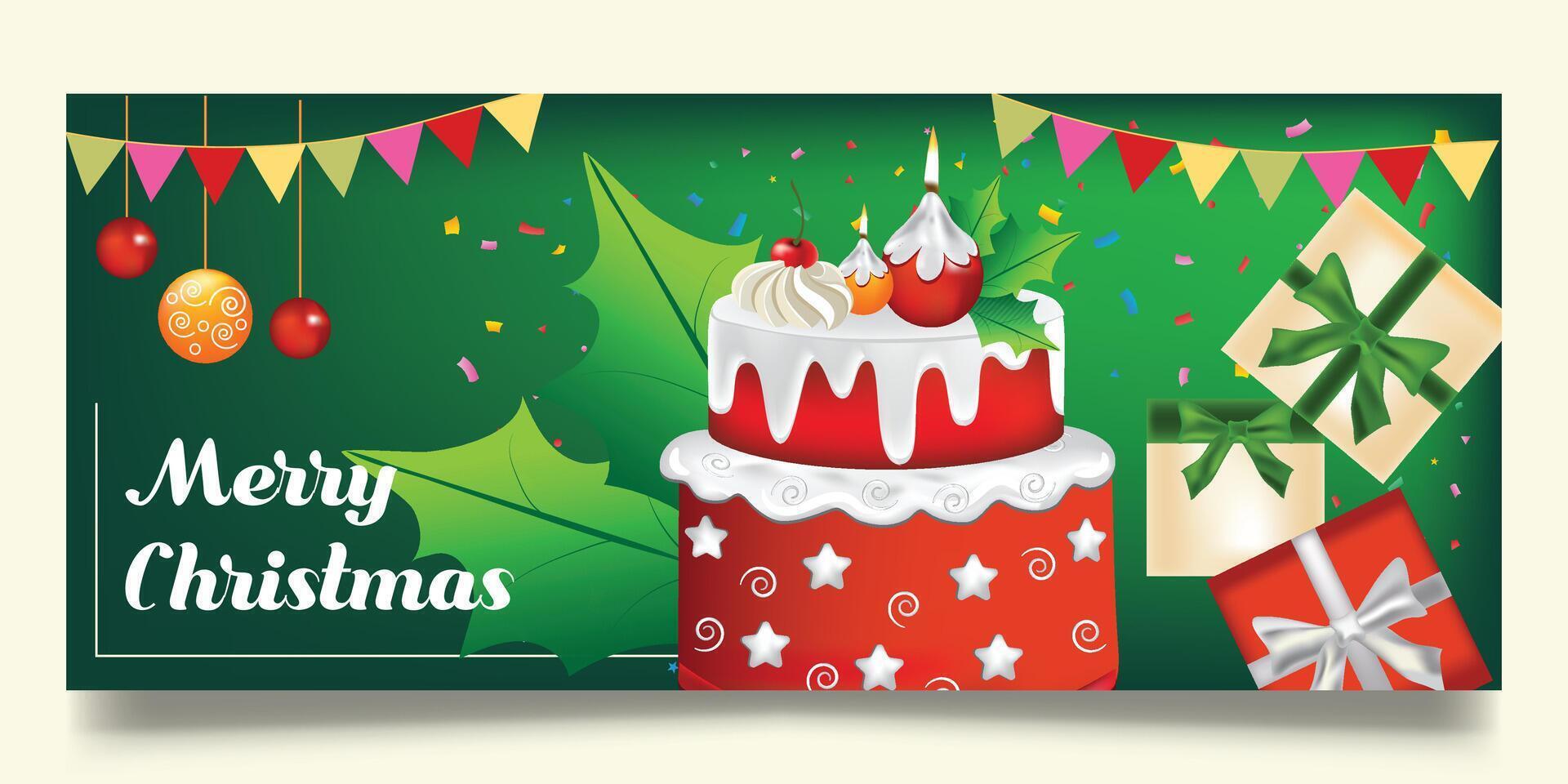 Green background and cake banner design with Merry Christmas vector