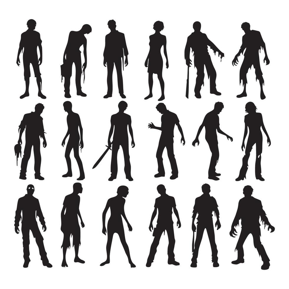Zombie figures in dark silhouette on a white field vector