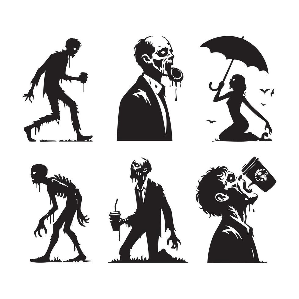 Assortment of shadowed zombies on white background vector