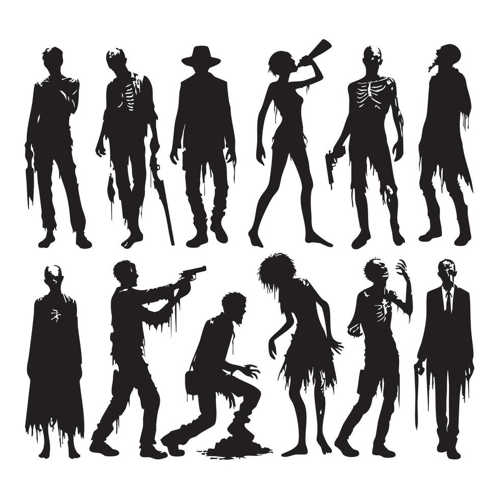 Series of spooky zombie shapes in silhouette on a white canvas vector