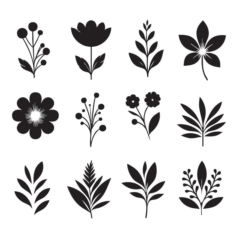 Diverse flower silhouettes displayed on a pure white canvas vector