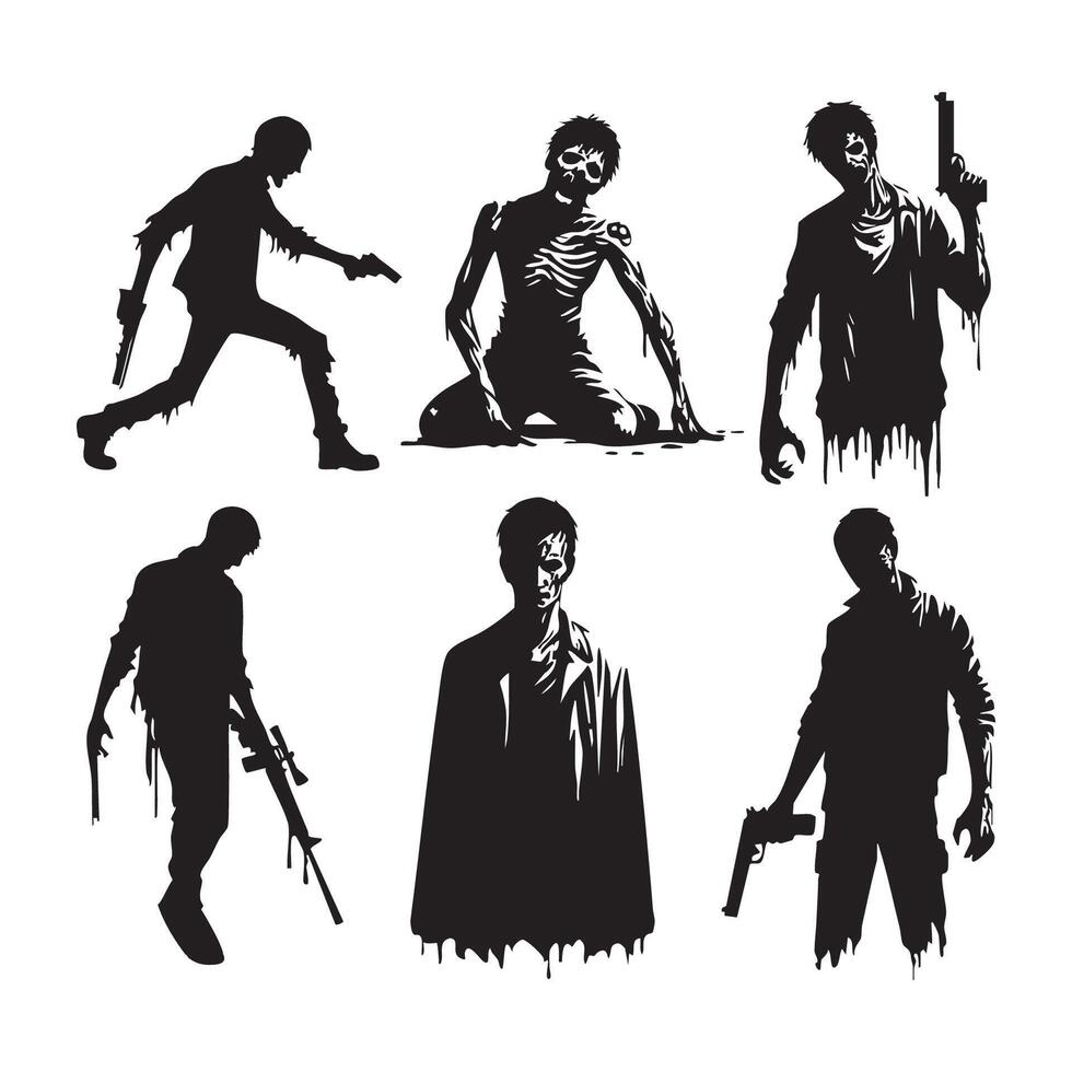 Assortment of ominous zombie figures on bright white vector