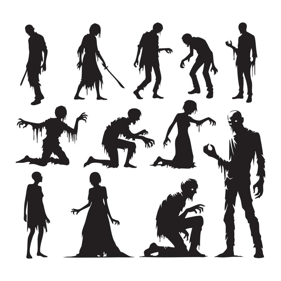Collection of shadowy zombie figures on white vector