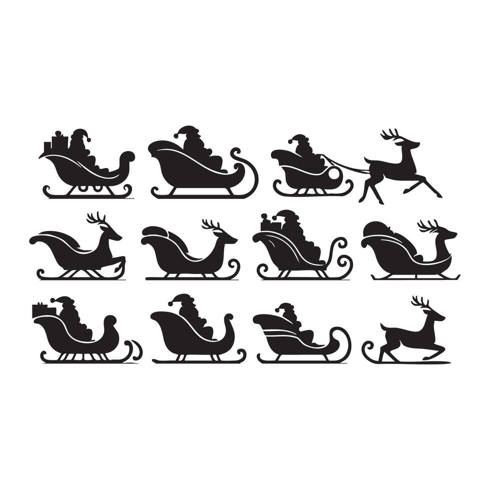 Collection of Santa sleigh silhouettes featured on a white backdrop vector