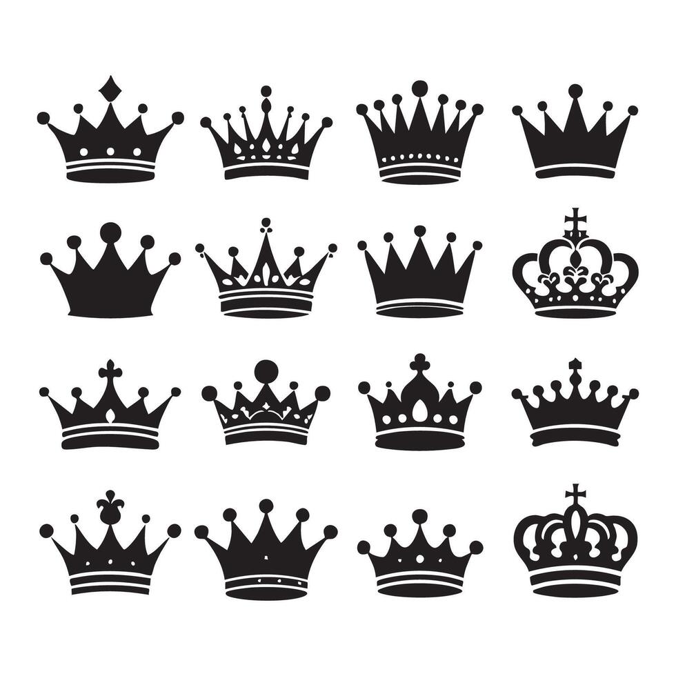 Set of artistic crown silhouettes displayed on white background vector