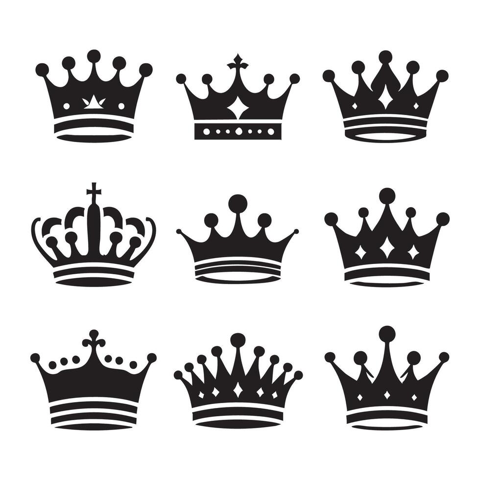 Assorted crown outlines in black on white background vector