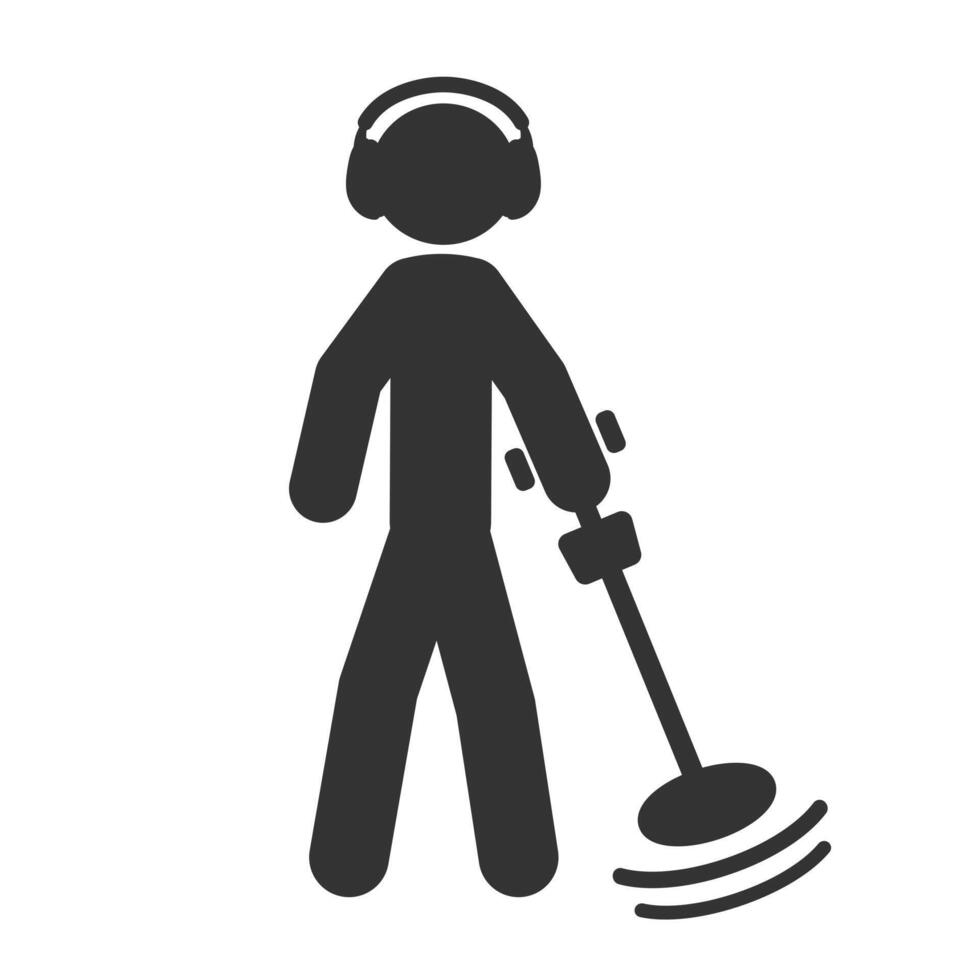 Metal detector human figure icon symbol. Metal detecting logo sign. Silhouette of a man with a metal detector. stick man illustration image. Isolated on white background. vector