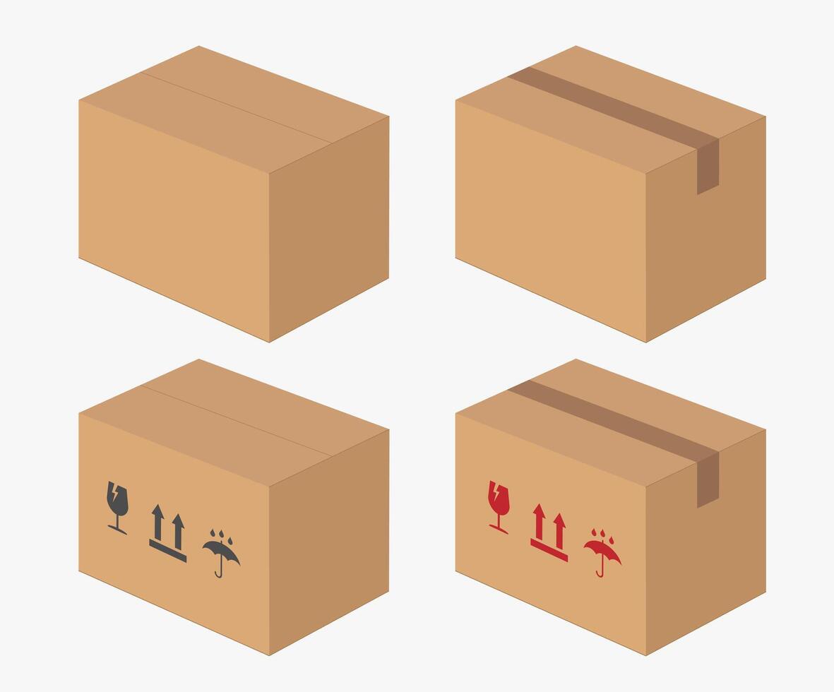 Realistic cardboard box mockup icon symbol. Empty blank Shipping delivery carton box. Fragile. set of boxes illustration image. Isolated on white background. vector