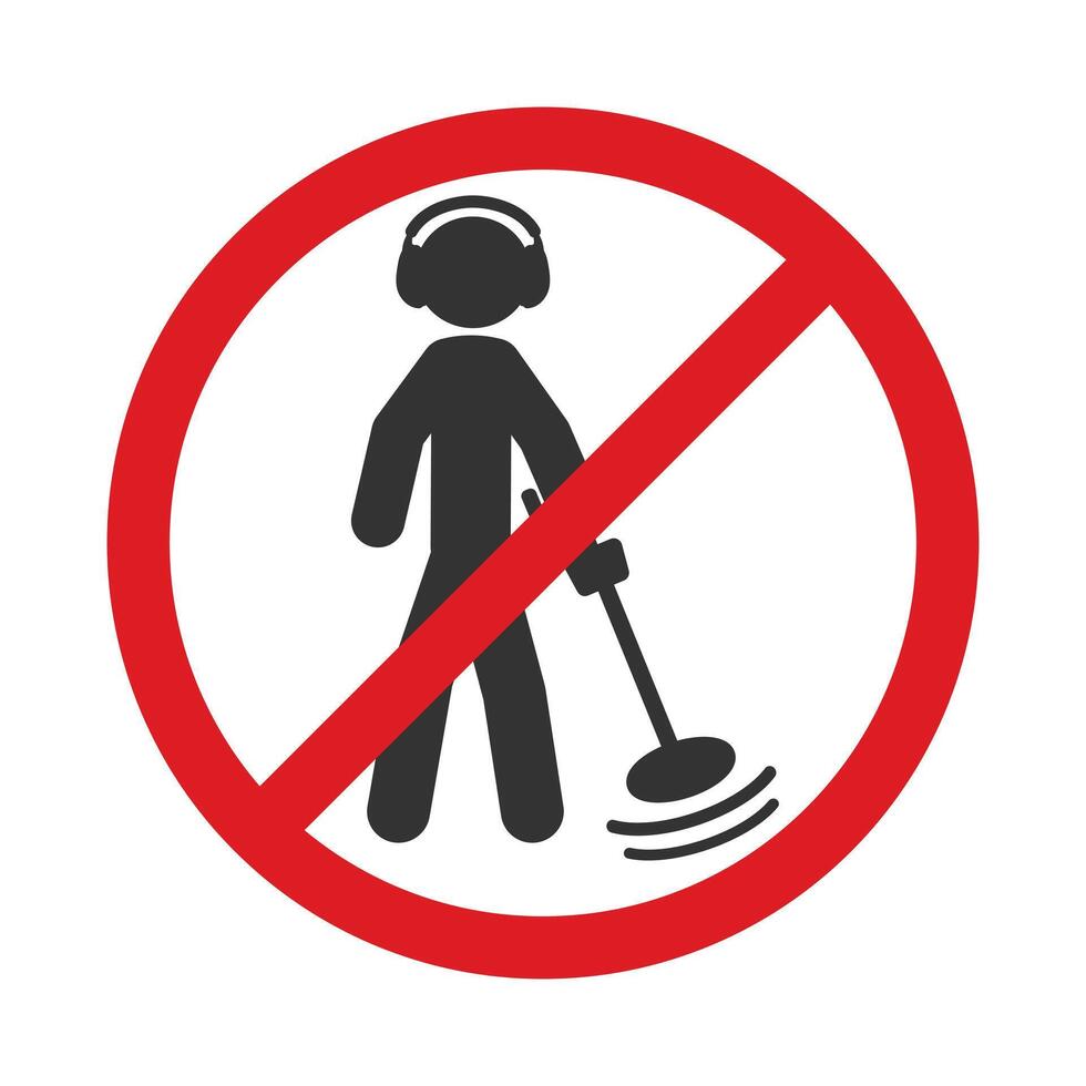 No Metal detecting icon symbol. Metal detecting not allowed logo sign. Silhouette of a man with a metal detector. prohibited, prohibition, forbidden, ban. Stick man illustration image. Isolated vector