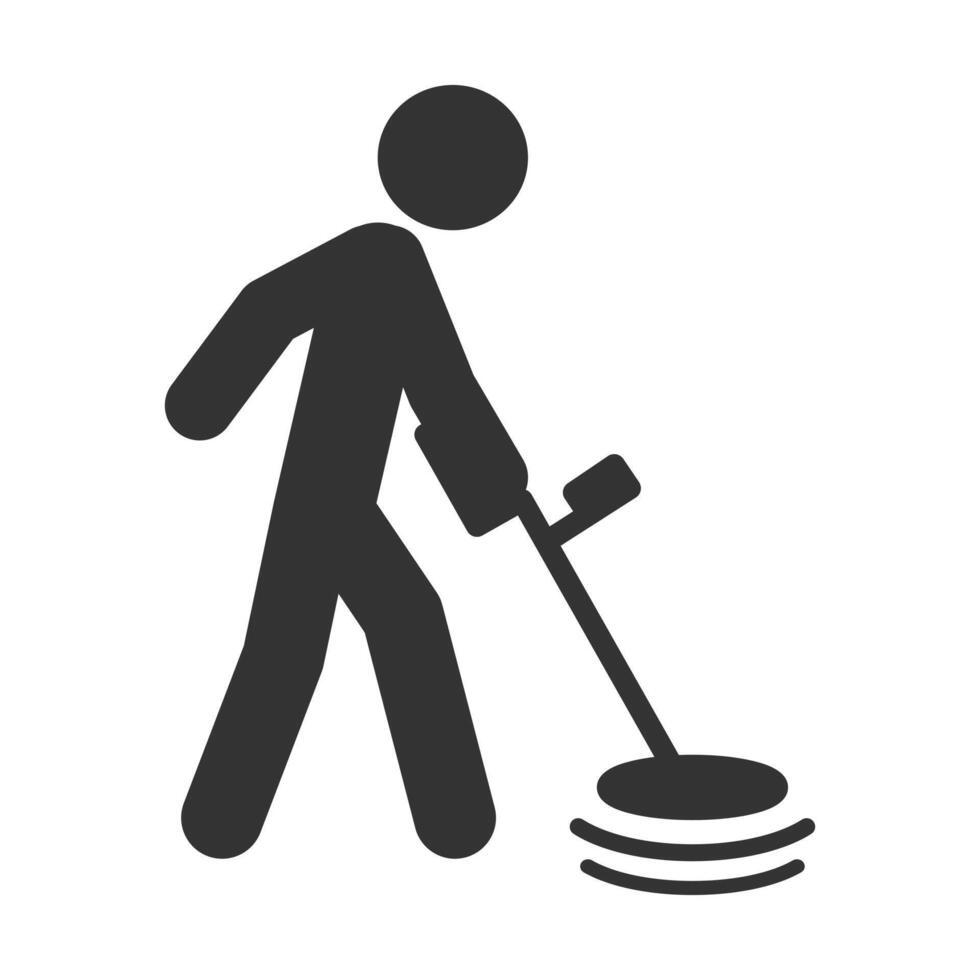 Metal detector human figure icon symbol. Metal detecting logo sign. Silhouette of a man with a metal detector. illustration image. Isolated on white background. vector