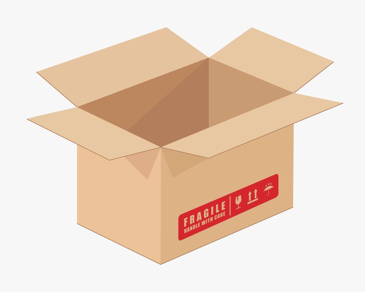 Realistic Open cardboard box mockup icon symbol. Empty blank Shipping delivery carton box. Fragile. illustration image. Isolated on white background. vector