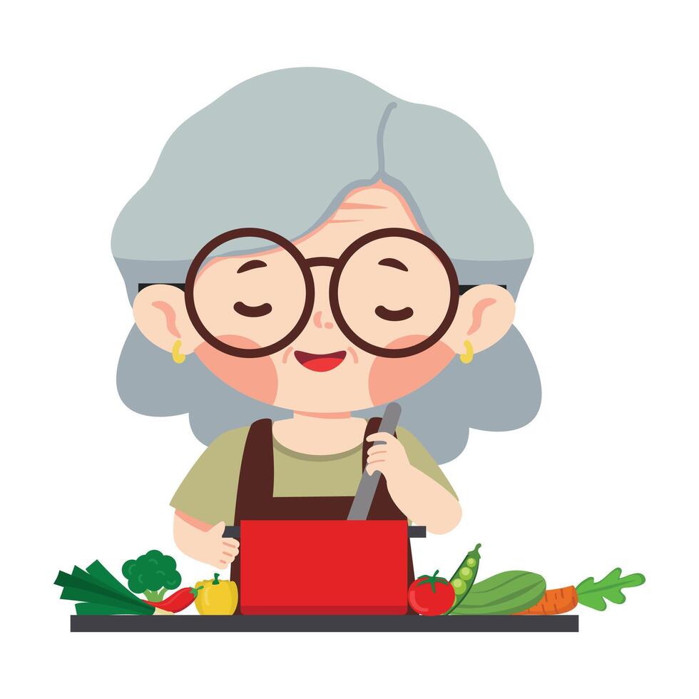 old woman cooking holding a pot of food vector