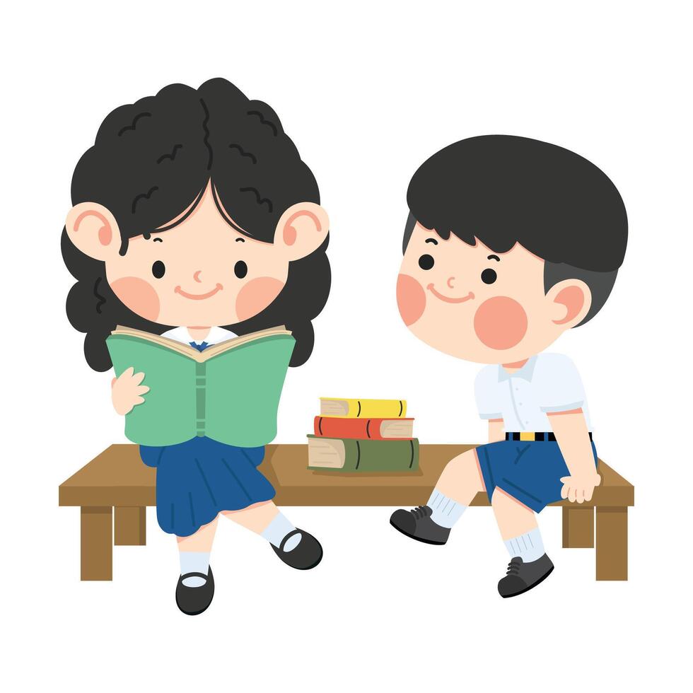 Kids sitting on a bench reading books vector