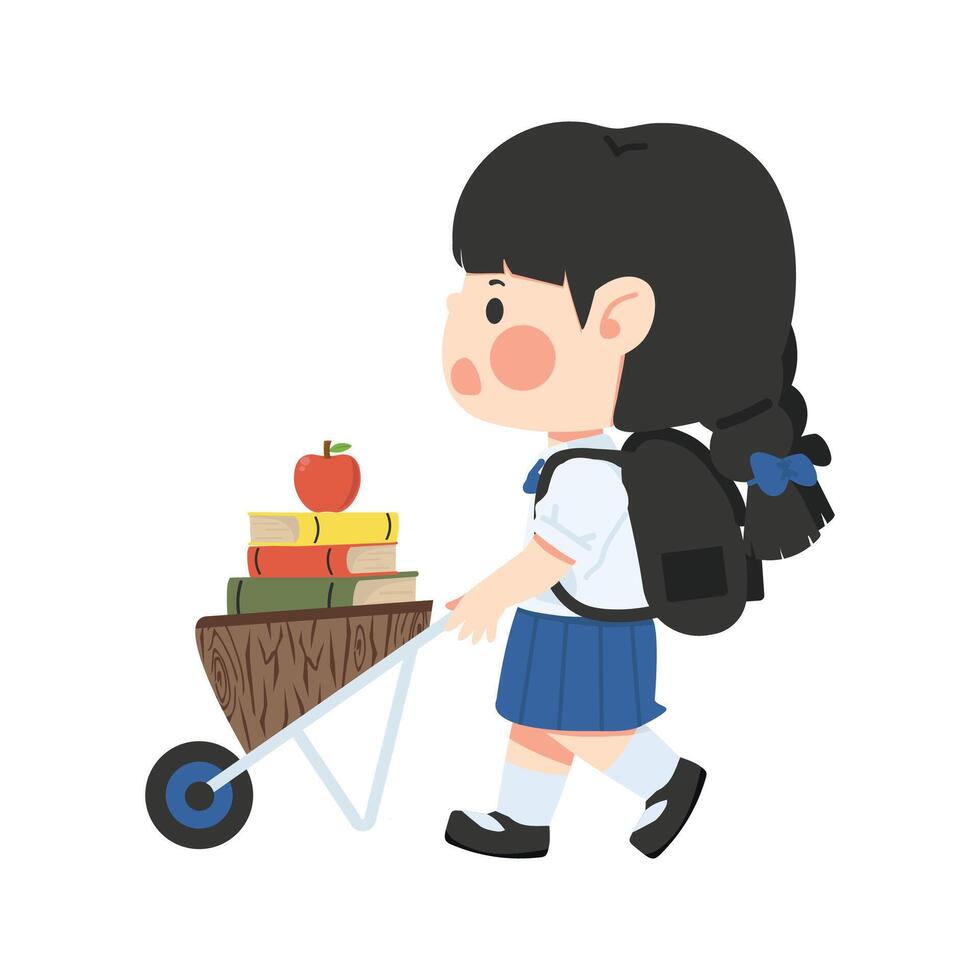girl with backpack pushing a cart with books vector