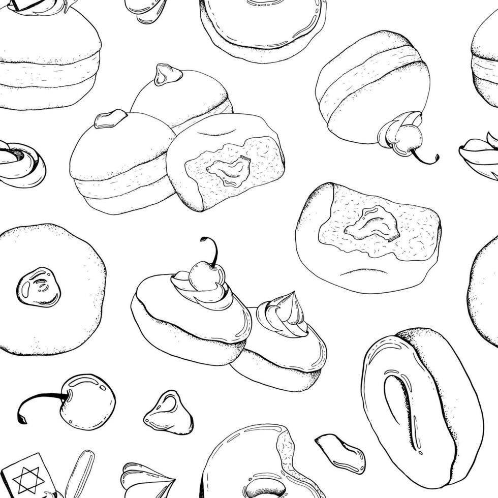 Hanukkah donuts seamless pattern in black and white for for Jewish winter holiday coloring pages and books. Hand drawn sufganiyot doughnuts background for festive packages and warping paper vector