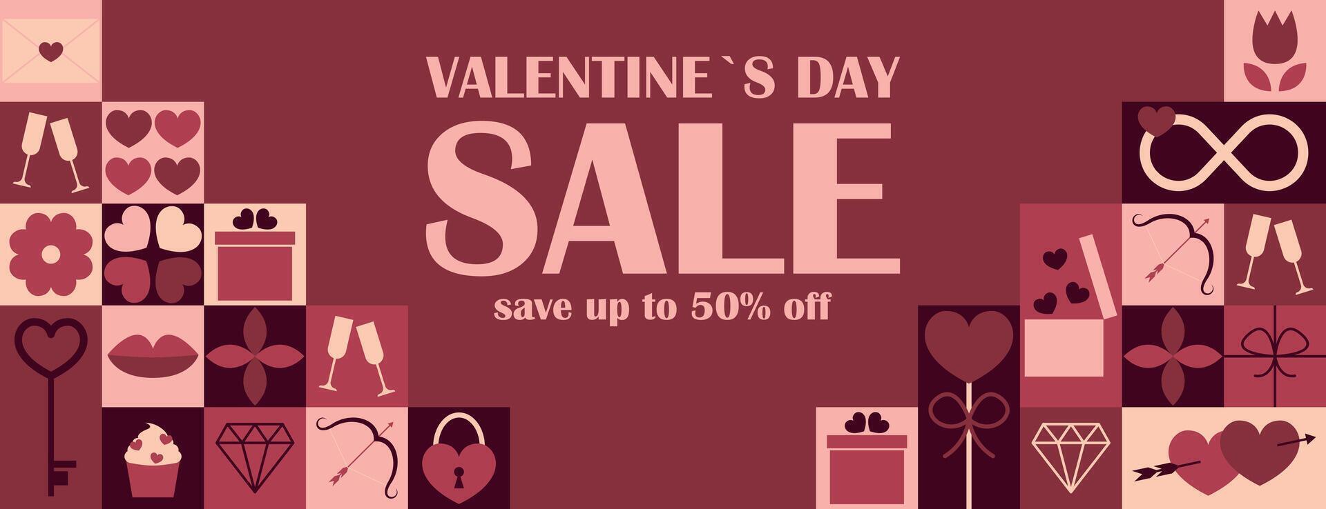 Valentines Day sale banner template. Special offer layout with geometric elements and symbols. Trendy design for flyers,ads,vouchers,promo offers. illustration vector