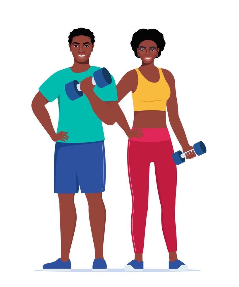 Fitness couple. African American Man and woman dressed in sportswear are doing exercises with dumbbells. illustration. vector
