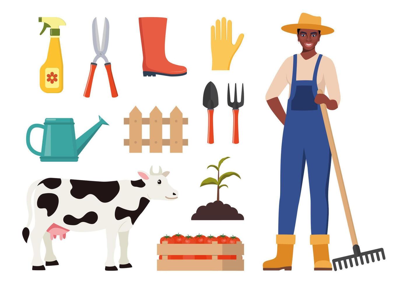 Farmer character and different farm elements. Black Woman farmer, barn, cow, fertilizer, haystack, cart, crop, pitchfork, watering can, plant. Set of elements on farm theme. illustration. vector