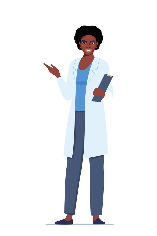 Doctor in medical uniform pointing and showing something with hand. Medicine worker black woman explaining and presenting something. flat illustration. vector